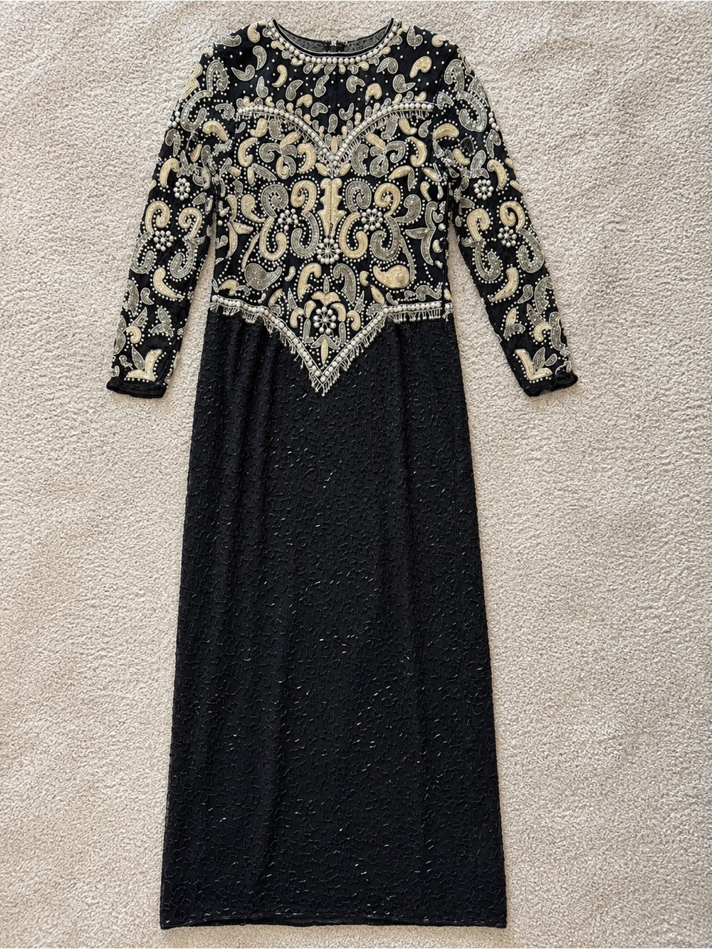 100% vintage pure silk beaded pearl sequin gown made in India.